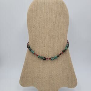 VTG Turquoise Jasper Gems Choker Necklace Green Red Silver Beads Southwestern